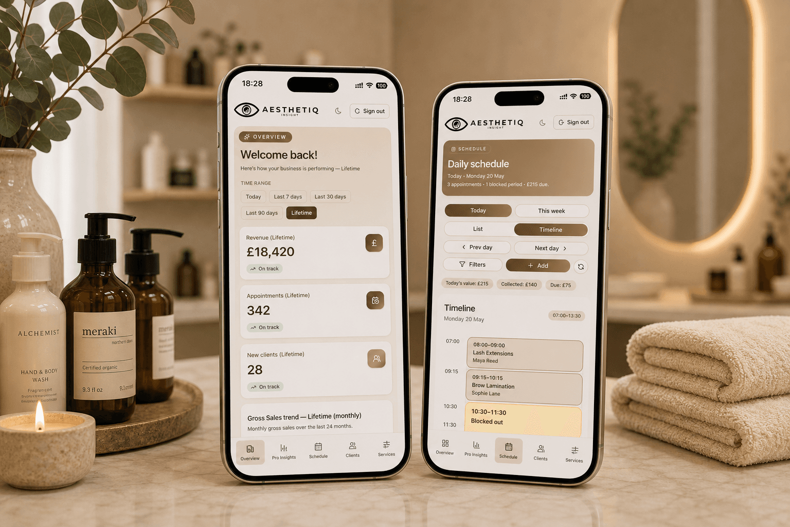 AesthetIQ Insight overview, schedule, and appointment screens shown on iPhones in a warm salon
